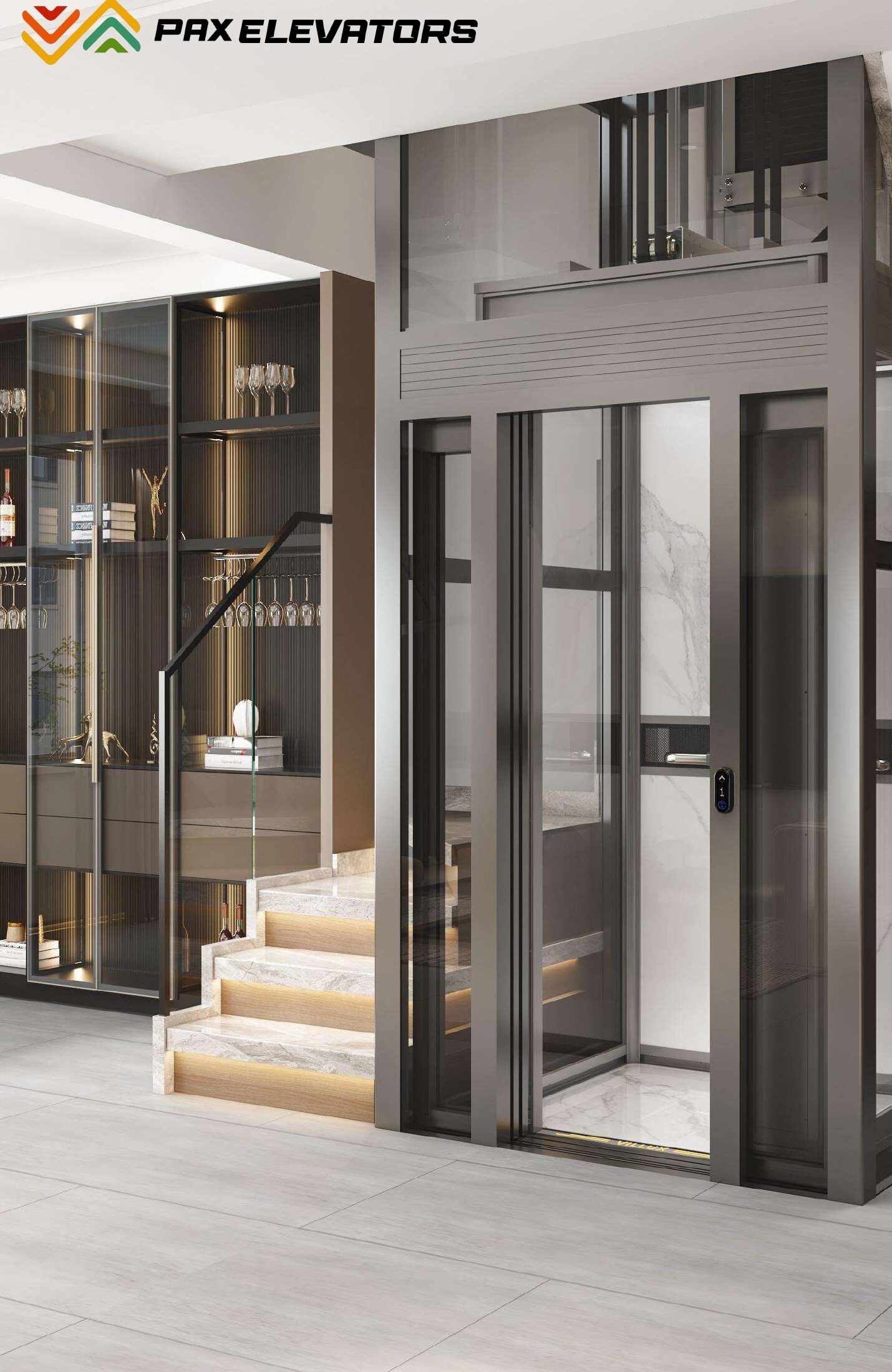 Ascensor VILLUX-Pro con cabina interior premium iluminada y stair lighting.