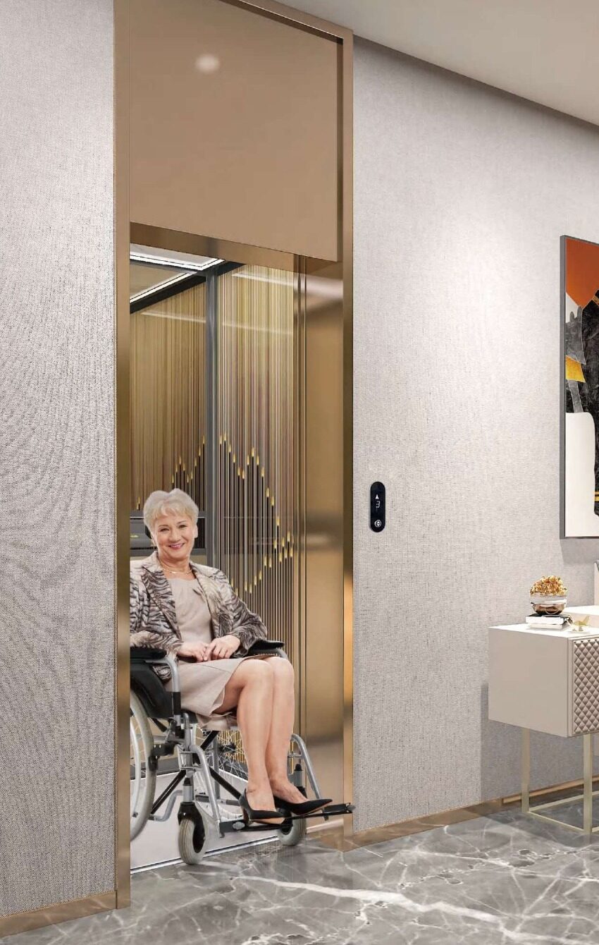 Detalle cabina VILLUX con acceso barrier-free para silla de ruedas.