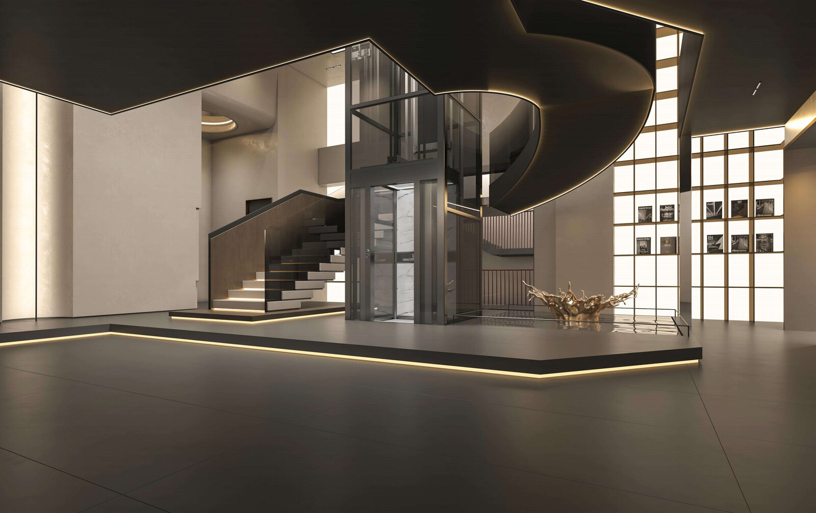 Ascensor VILLUX residencial en hall premium con escalera